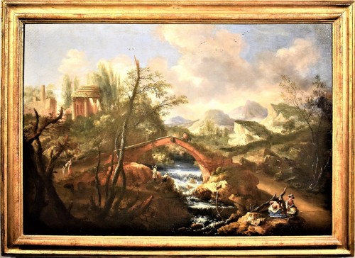 Landscape with bridge and stream - italain school of the 18th century